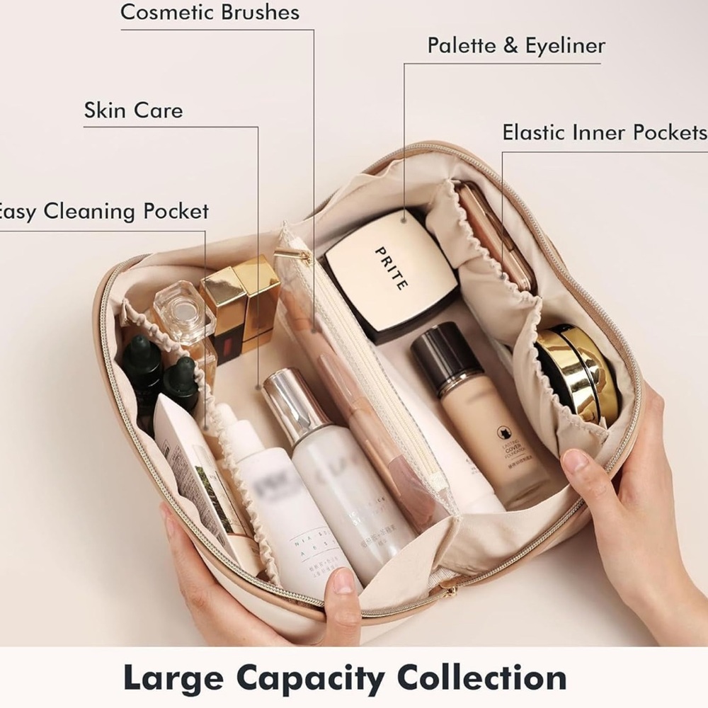 Prite Makeup Bag Travel Waterproof Vegan Leather Cosmetic Bag Open Flat